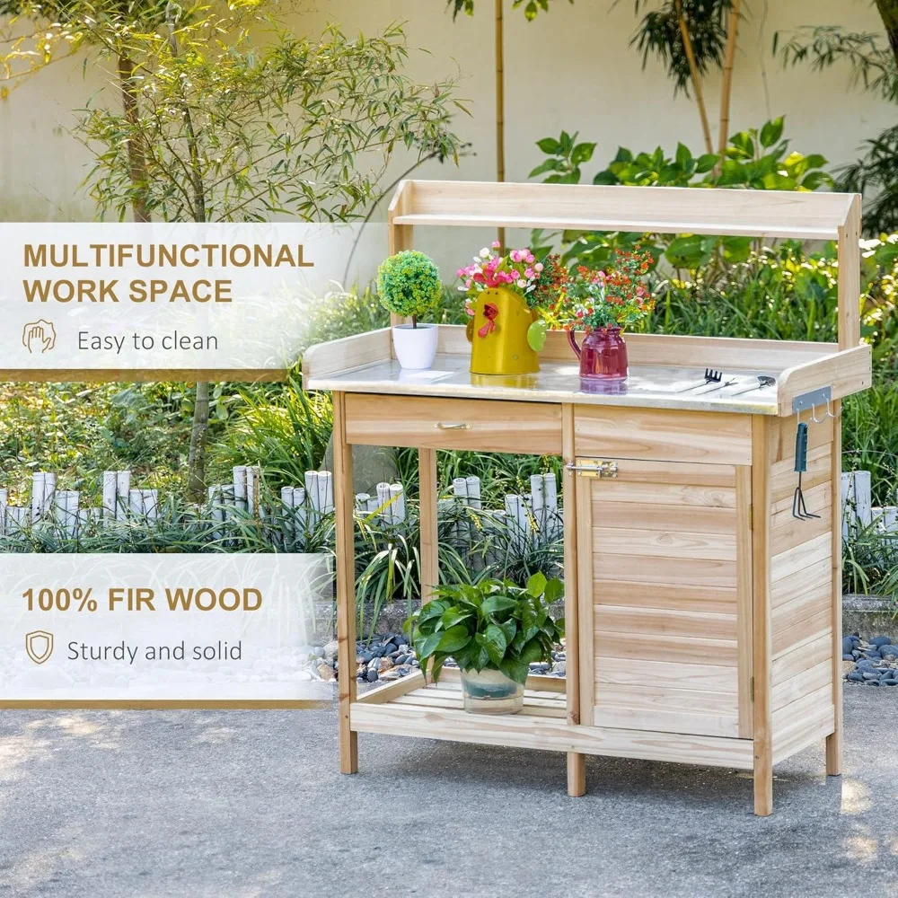 

Outdoor Potting Bench Table, Garden Work Station with Storage Cabinet, Open Shelf and Steel Tabletop, Natural, Customized