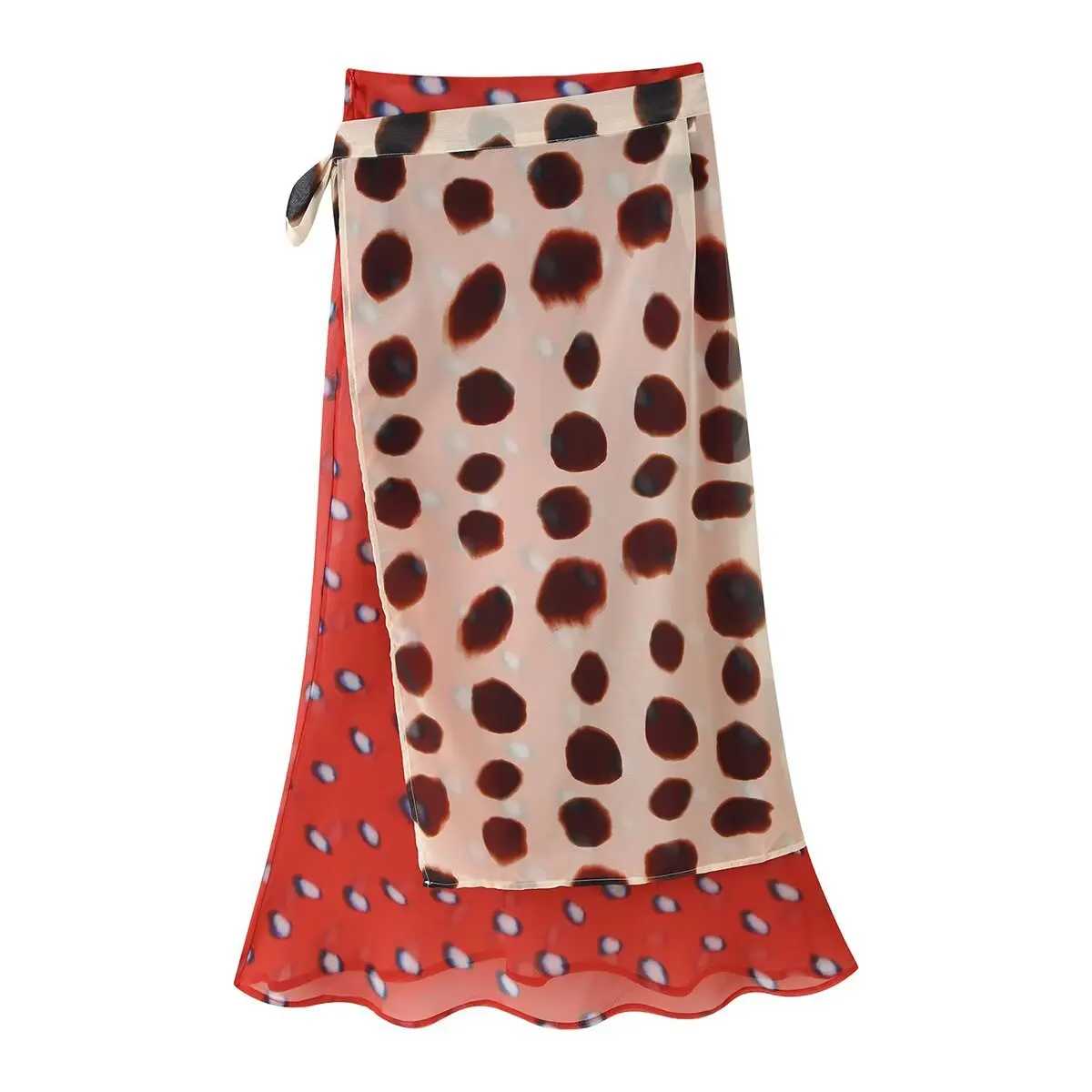 European and American summer real shot fashionable double-layer printed spotted lace-up holiday style playful skirt long skirt