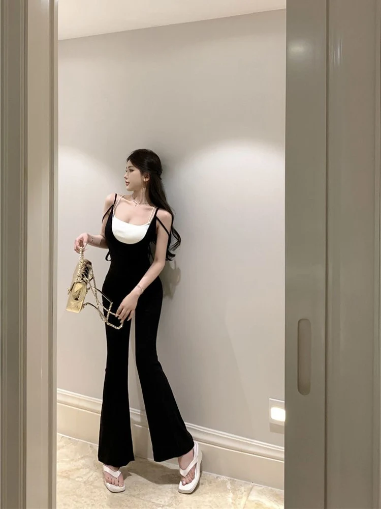 

Bla Faionable Bib Overalls King Brand Two-Piece Set Long Pants Bell Bot round Ne ort Sve Suit for Women