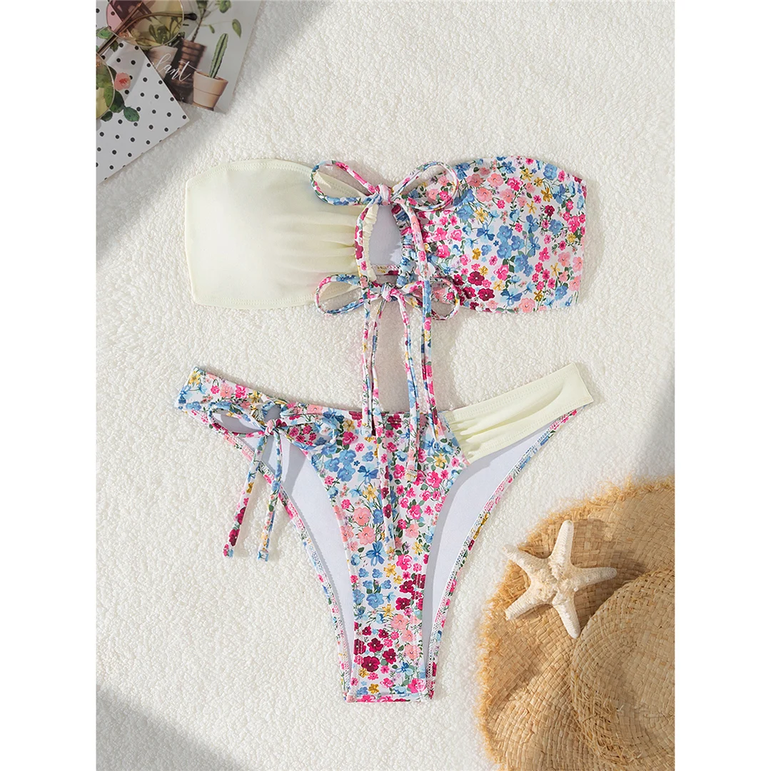 Sexy Blumenmuster-Bandeau-Bikini mit Splicing-Design, Damen-Badebekleidung, zweiteiliger Bikini-Set, Badeanzug, Badebekleidung, Schwimmanzug V6029 – Detail 8