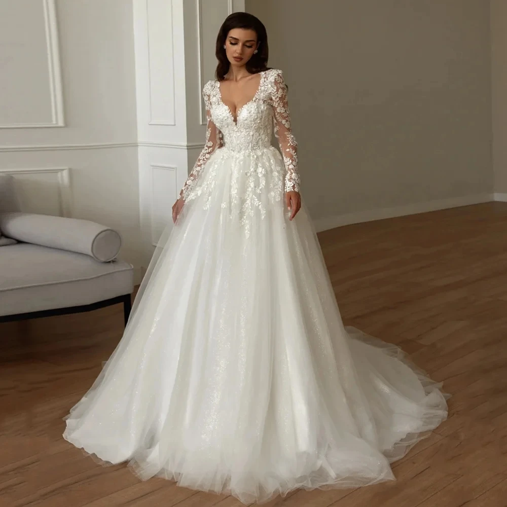 

Vintage A-line Wedding Dress 2026 V Neck Long Sleeves Sequined Applique Tulle Woman Bride Gowns Bridal Dresses Robe Mariage