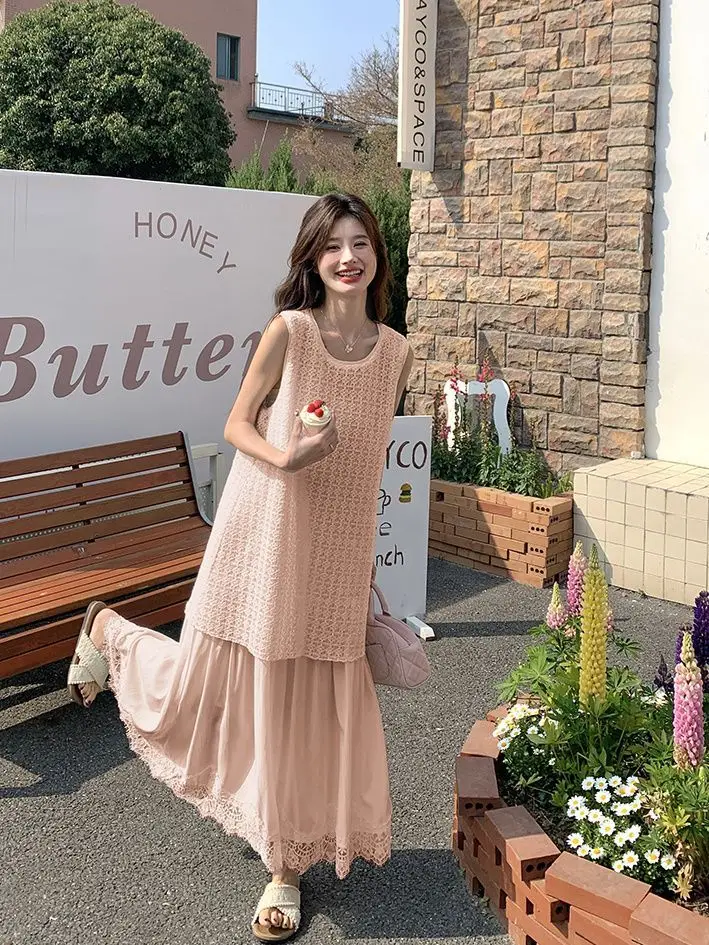 ドレス ノースリーブ レディースドレス Y2K ホルターネック ロックスター 春 ボヘミアン クロシェ編み ブロッキング アップリケ Aライン ふわふわ ピクニック ブルーミング シック