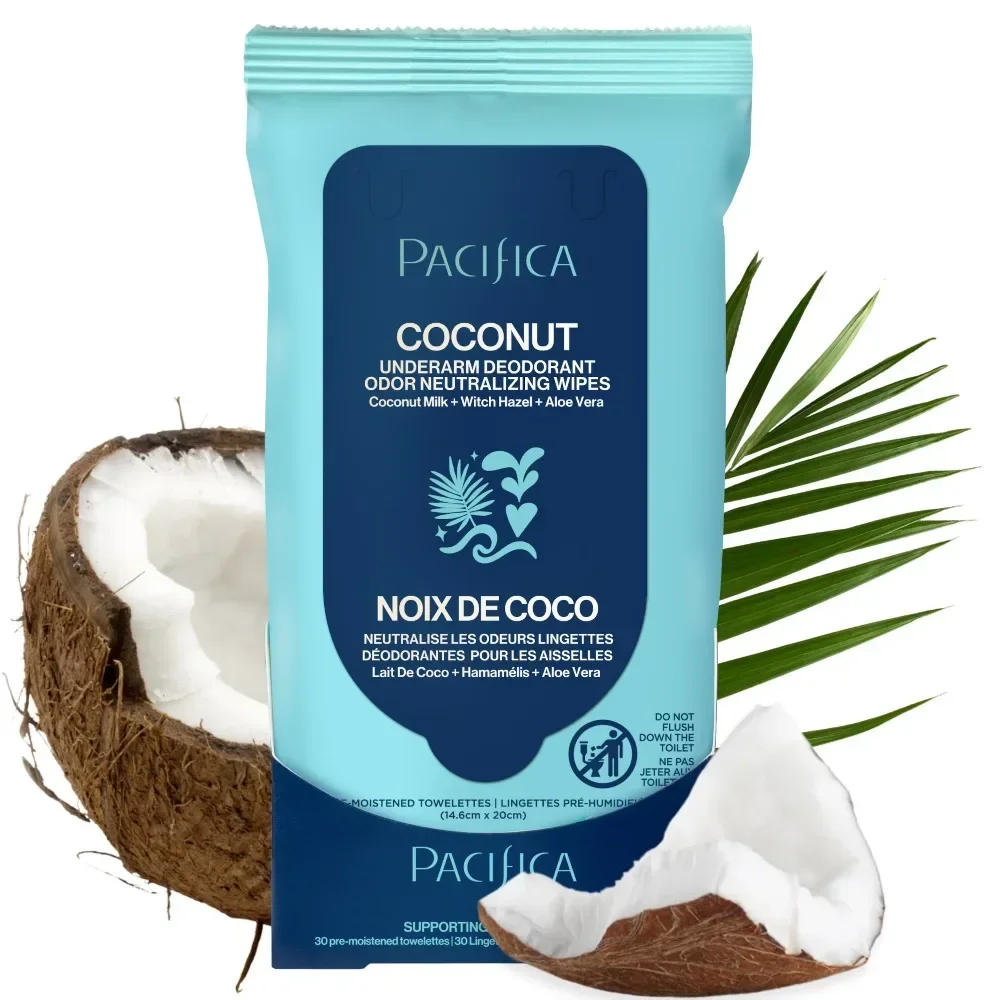 Natural Deodorant Wipes with Coconut Milk & Essential Oils, 30 Count, Body Freshening Wipes for On the Go, Aluminum Free, Gentle on Skin