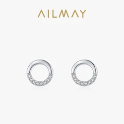 Ailmay 100% 925 Sterling Silver Simple Round Shining CZ Stud Earrings For Women Girls Anti-allergy Fine Jewelry Gifts