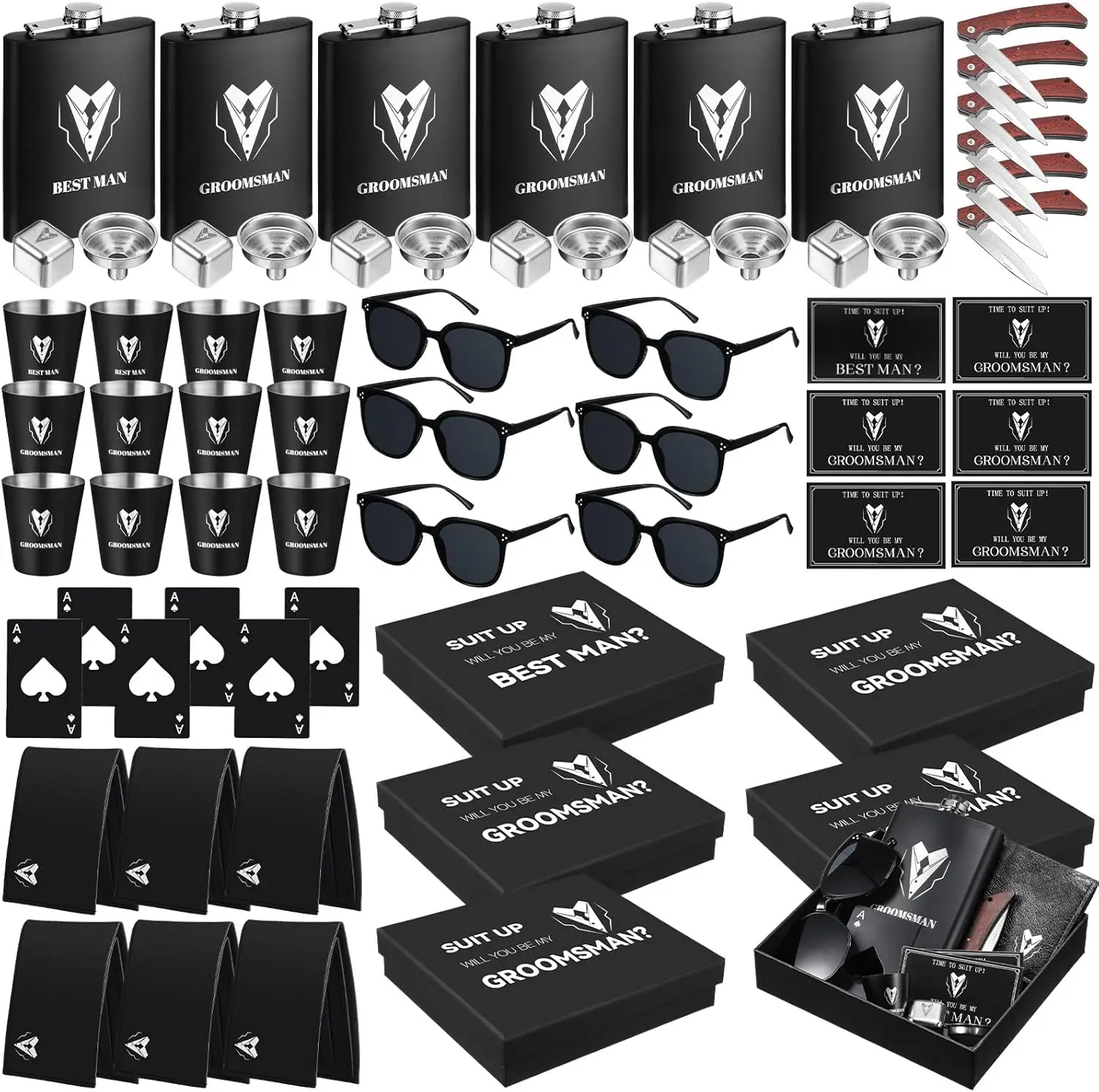 66 Pcs Groomsmen Proposal Set: Shot Glasses, Stainless Steel Flask, Funnel, Gift Boxes, Sunglasses, Knives, Bottle Opener