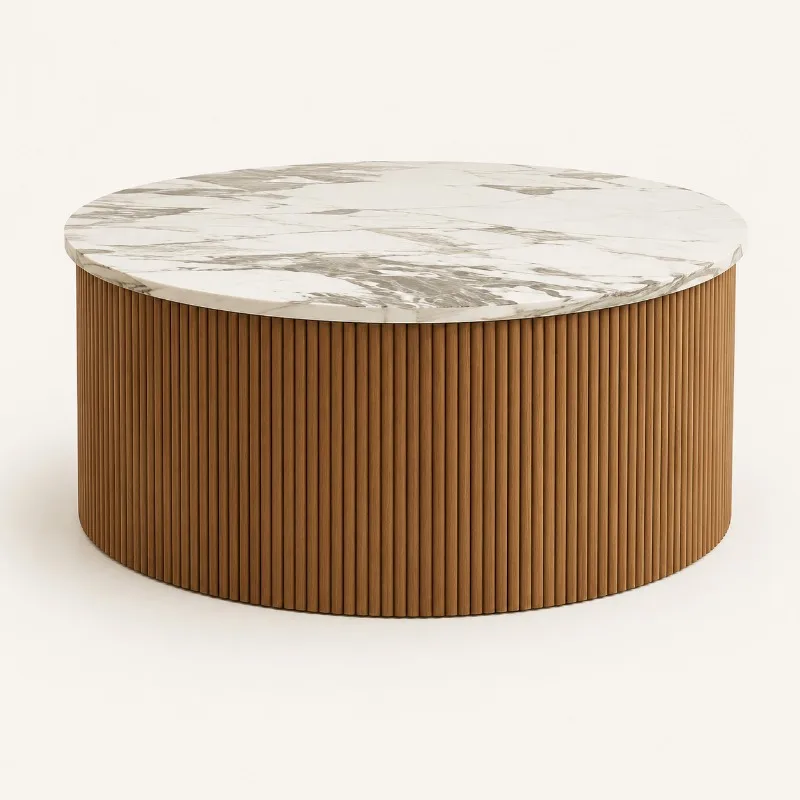 Round Nesting Coffee Table Set Fluted Solid Wood with Calacatta Faux Marble Top for Living Room