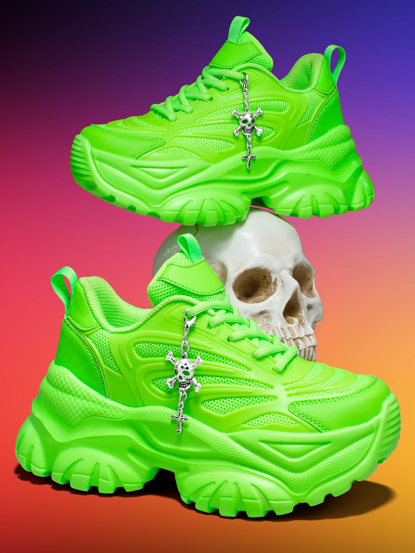 Damen-Outdoor-Allwetter-Modische Dad-Schuhe, Eva-Leichtgewicht-Sneaker mit dicker Sohle und 7 cm Absatzhöhe, orangefarbene Sportschuhe mit abnehmbarem silbernen Kreuz- und Totenkopf-Anhänger im Halloween-Punk-Stil, vielseitig einsetzbar für den täglichen Arbeitsweg und Fitness – Detail 16