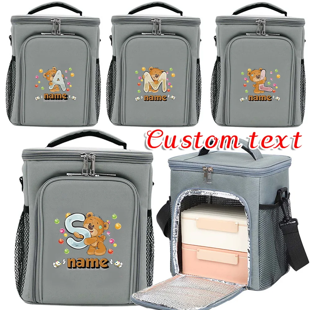 Customized Name Insulated Grey Lunch Box Bag Fashionable Single Shoulder Storage Bag Large Capacity Waterproof Storage Box