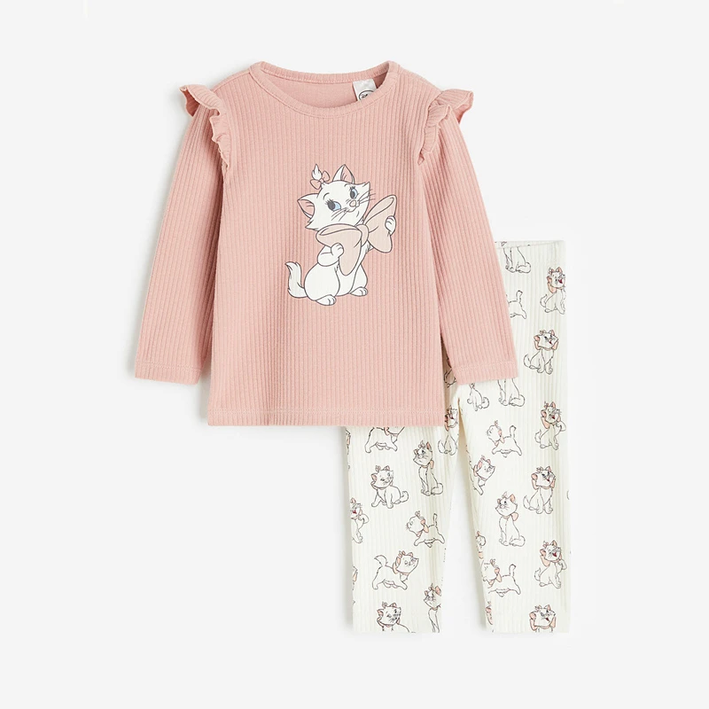 الوردي لطيف هريرة طويلة الأكمام مجموعة أعلى فتاة الأطفال الكرتون القط طباعة كاملة مجموعة الأطفال طويلة الأكمام السراويل الطويلة جولة الرقبة مجموعة #1