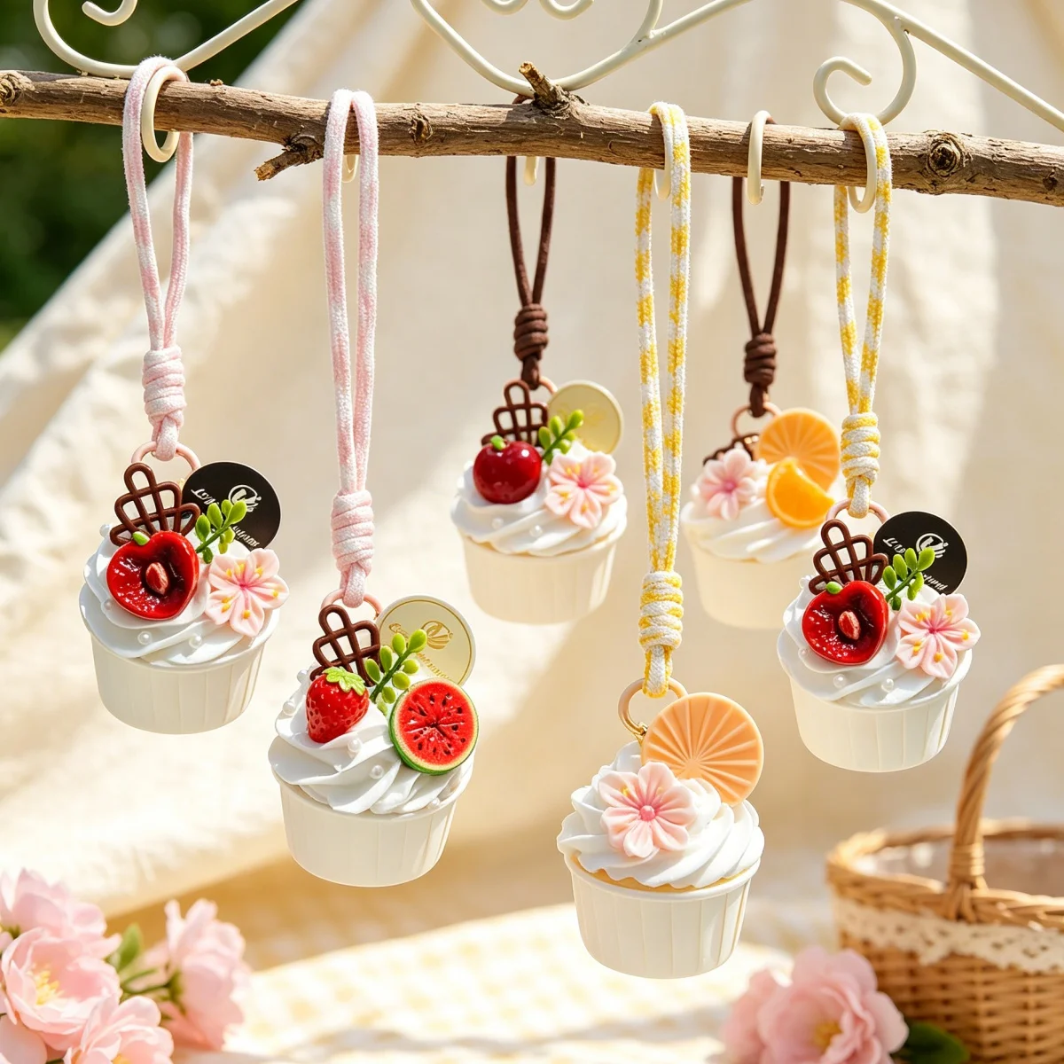 Adorno Colgante Estético Hecho a Mano de Arcilla Polimérica con Forma de Cupcake, Frutas Artificiales, Mini Pastel Floral, Colgante para Espejo de Coche, Decoración para Bolsos, Lindo y Dulce