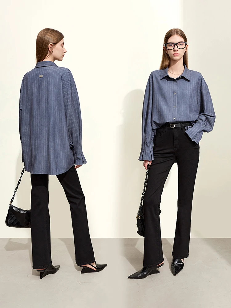 AMII Minimalism 2024 Women Shirts Spring New Commuter Striped Flare Sleeve Lapel Loose Mid-length Trendy Shirt Female 12441071