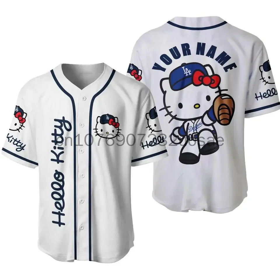 

2024 Hello Kitty Baseball Lovely Personalized Cartoon Print Baseball Jersey Shirts Outdoor Sports Casual Men Women Kids Tops