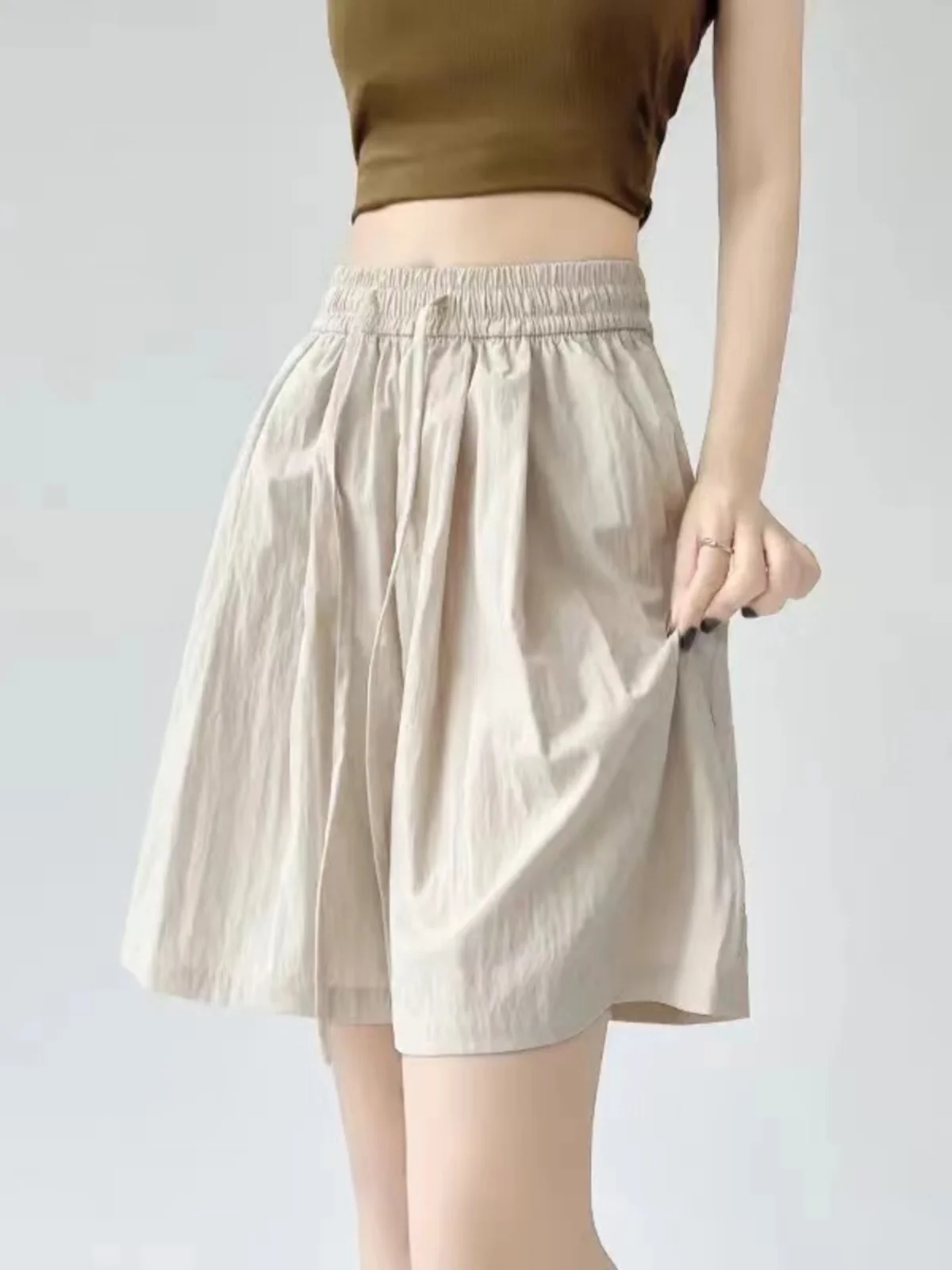 Spodnie damskie z wysokim stanem, luźny krój, z jedwabiu lodowego, chłodzące, cienkie, letnie, codzienne, z szerokimi nogawkami, sportowe, długość do połowy łydki, modne.