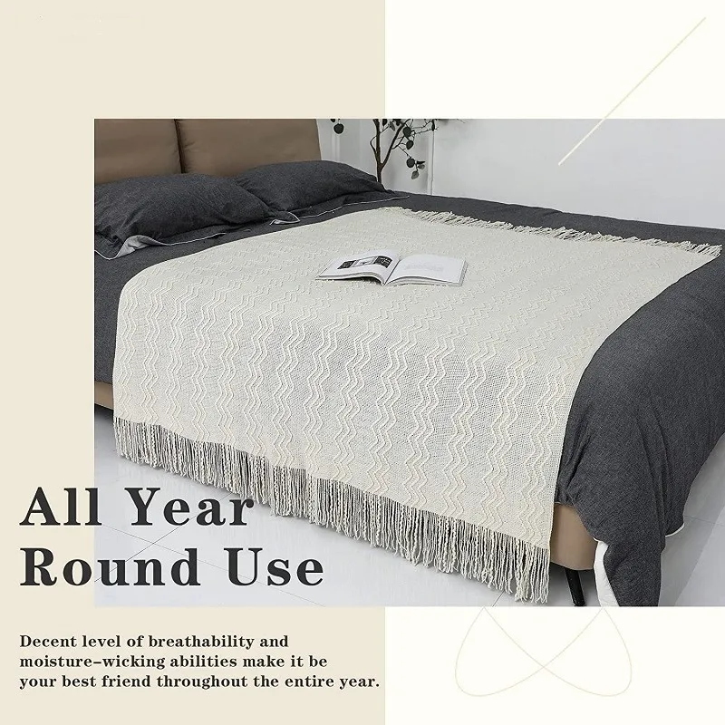 Soft Cozy Knitted Nordic Throw Blanket Cover with Tassel Bed Sofa Travel Plaids for Women Men and Kids Home Decor White
