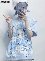 Women Harajuku Japanese Cartoon Cute Print T-shirt Kawaii Oversized Grunge T Shirts Y2k Aesthetic Blue Summer Streetwear Tees