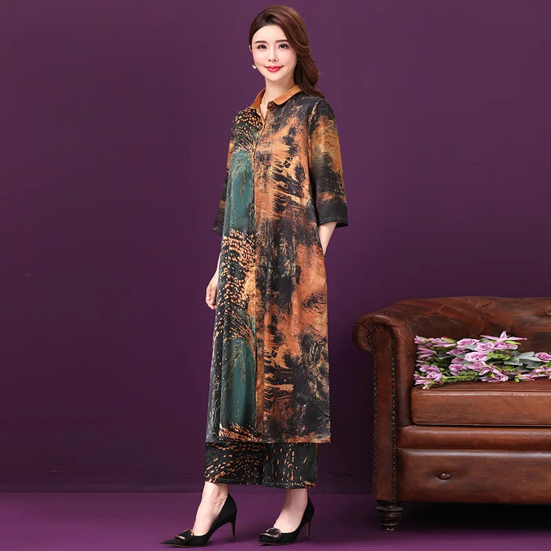 Mom Casual Suit 2022 New Summer Silk Dress + Wide Leg Pants Two-Piece Suit Women Loose Print Two-Piece Suit Female 6XL