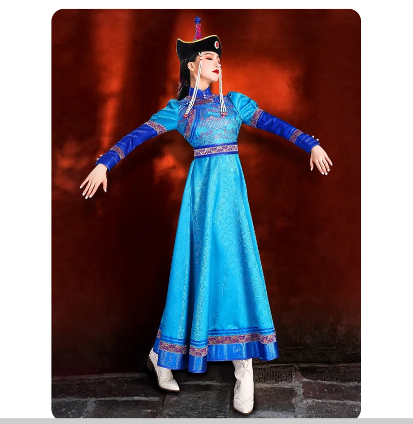 

Chinese Folk Ethnic Style Performance Robe Blue Dress Dance Gown