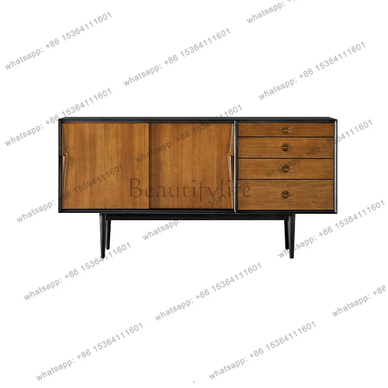 

Side cabinet black retro solid wood Nordic chest cabinet medieval storage entrance walnut color