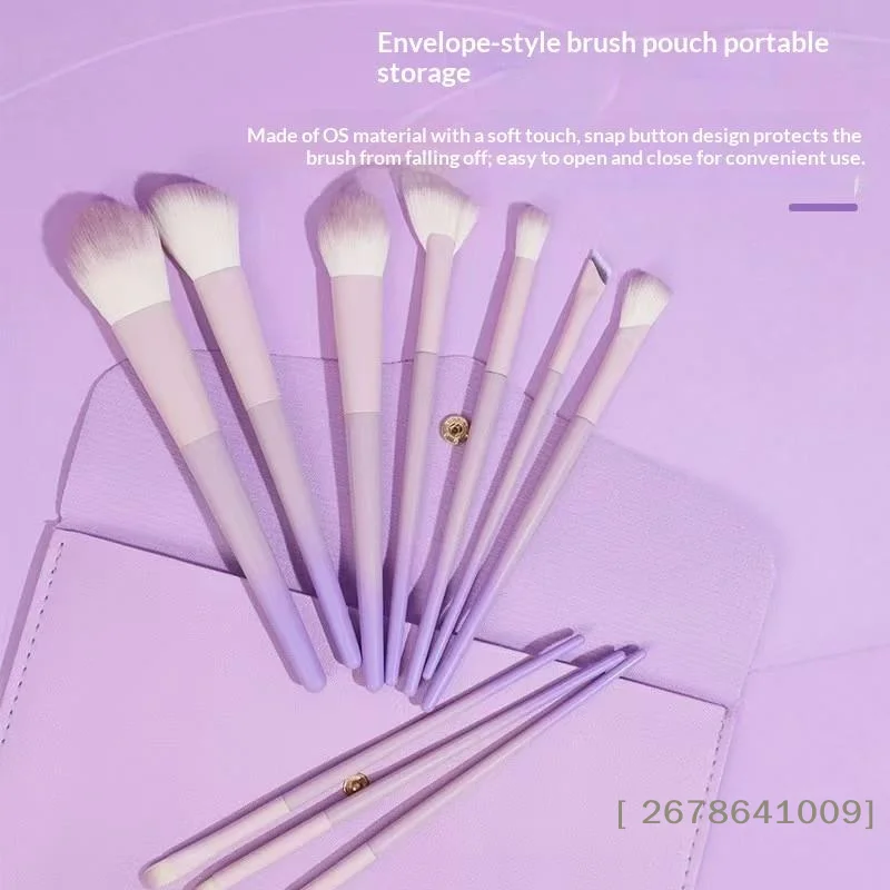 〔L〕10Pcs Pink-Purple Gradient Plastic Handle Makeup Brush Set With Synthetic Fiber Bristles, Including Powder Brush, Foundation