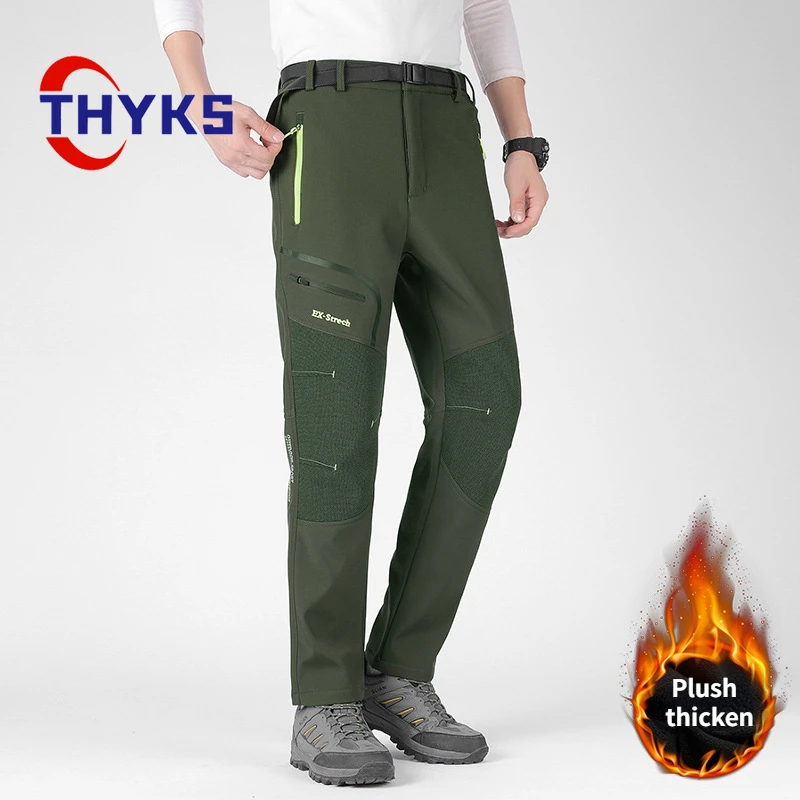 Outdoor Men Hiking Pants Plush Thickened Soft Shell Windproof Warm Pant Breathable Color Matching Mountaineering Trouser Winter