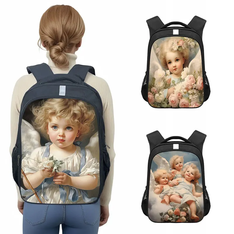 

Oil Painting Angel Baby Print Backpack Angel with Wings School Bags for Teenager Rucksack for Travel Laptop Bag Daypack