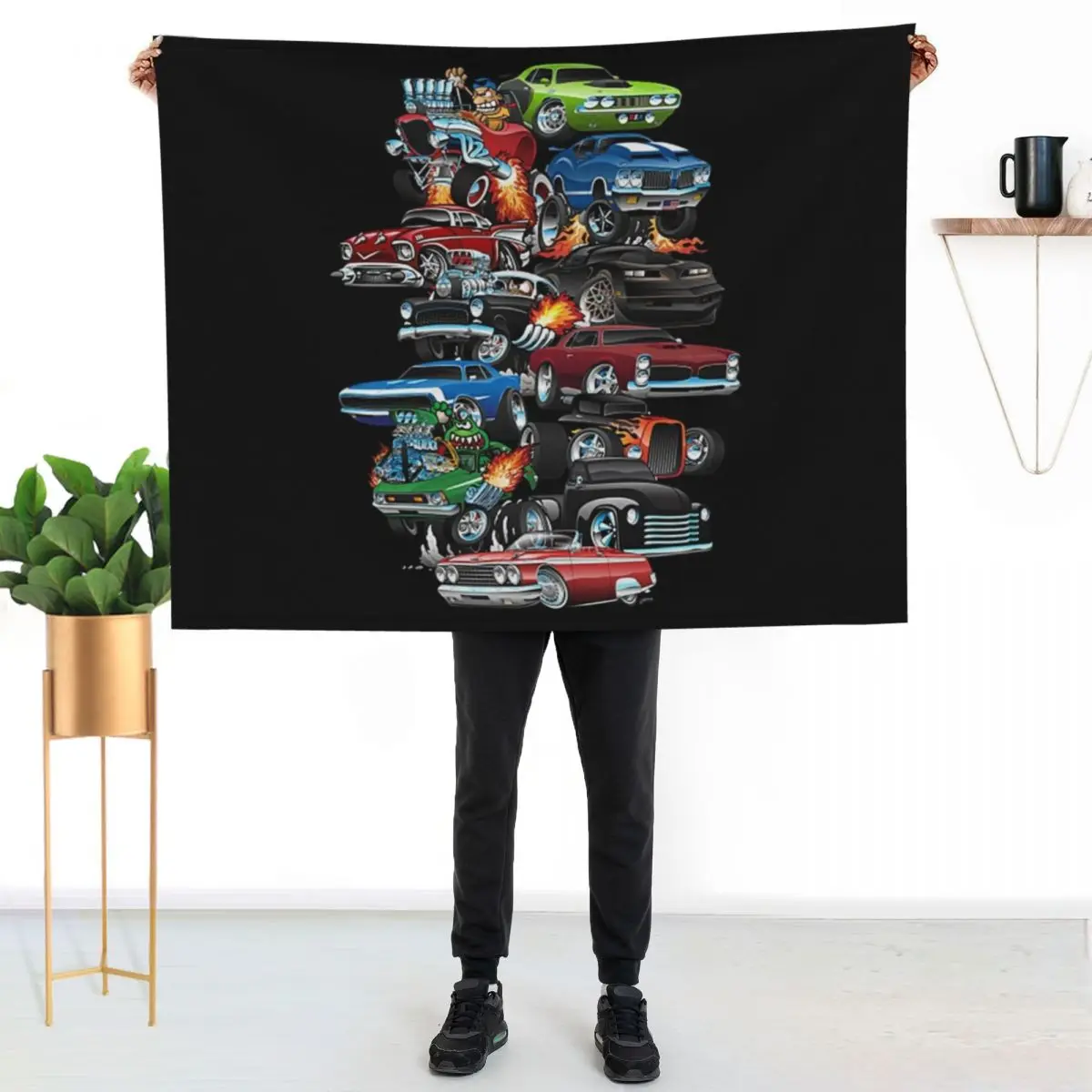 Car Madness! Muscle Cars and Hot Rods Cartoon Throw Blanket Designers Softest for sofa Decorative Beds Retros Flannel Blankets