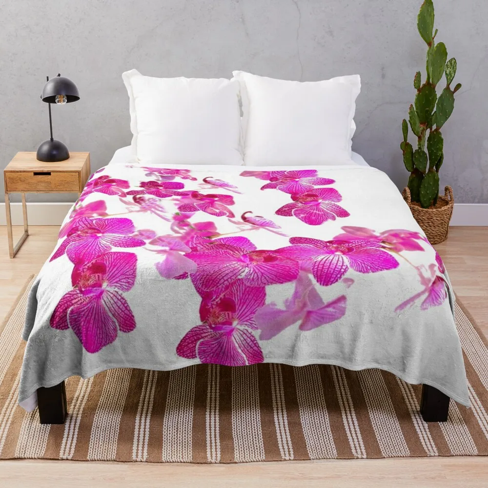 FUCHSIA PINK ORCHIDS PATTERNS WHITE ART Throw Blanket heavy to sleep Baby Blankets