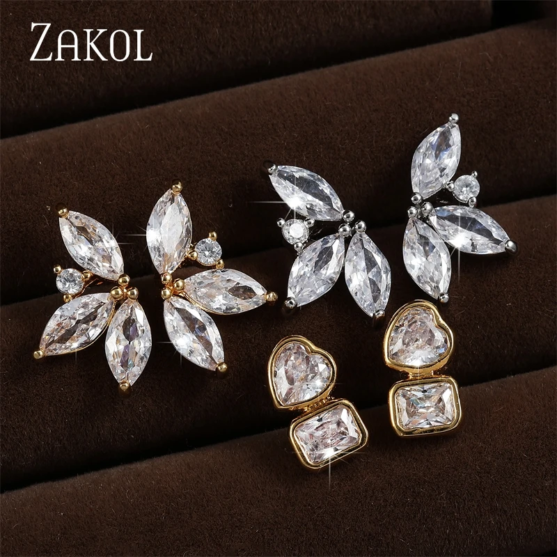 ZAKOL Fashion Marquise Zirconia Stud Earrings for Women Exquisite Leaf Heart CZ Earring Party Daily Jewelry Accessories