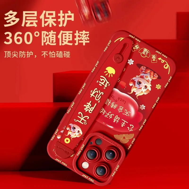 Deluxe Wrist Band Bracket Case For iphone 15 14 13 12 11 Pro Max X XR Xs Silicone Cell Phone Protective Cover Year Of The Dragon