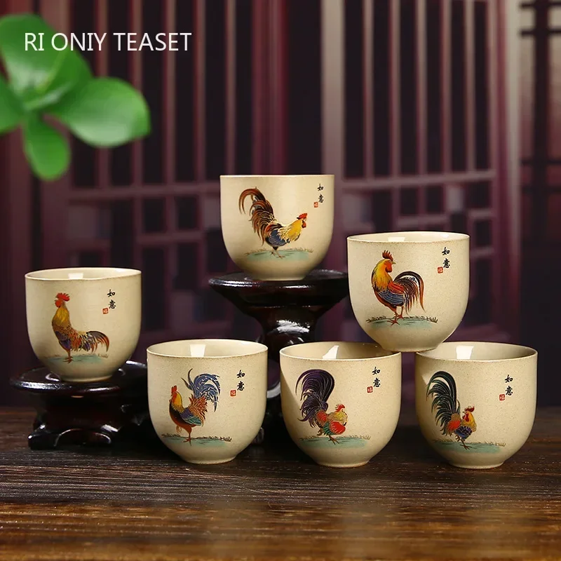 

1 Pc Antique Handmade Ceramic Teacup Hand Painted Cock Pottery Tea Cup Travel Portable Tea Bowl Pu'er Master Cup Chinese Tea Set