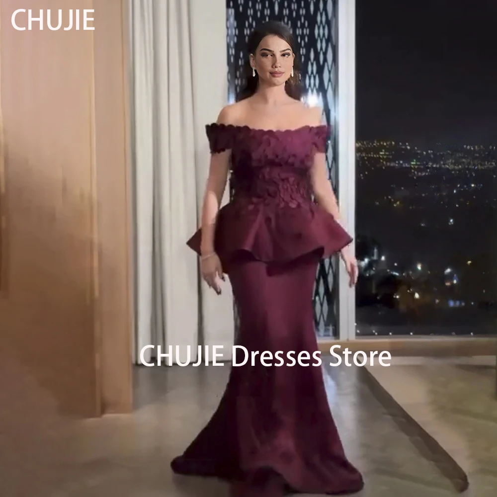 

Dark Burgundy Off Shoulder Evening Dresses With Flowers Mermaid Wedding Party Fashion Dress Prom Dress فستان المساء Customized