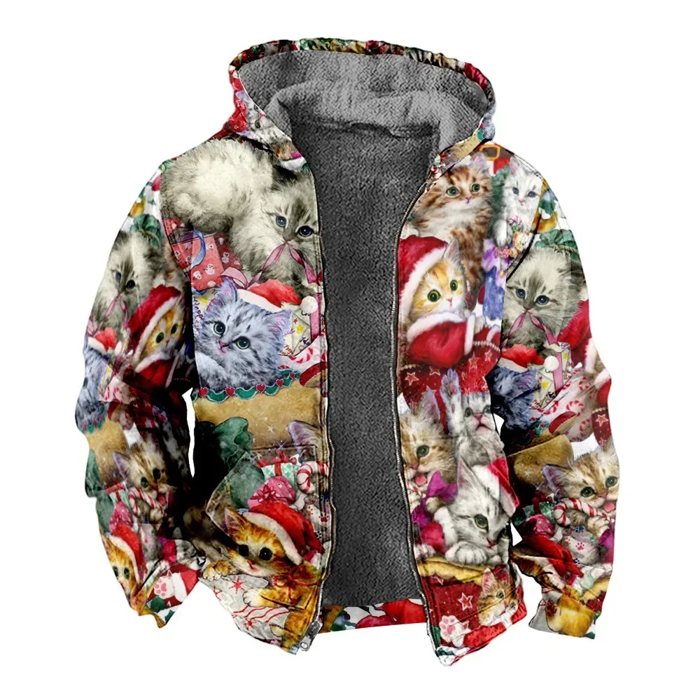 Men Jacket Cardigans Snow Man Christmas Cute Cats Festival Print Thick Outdoor Fleece Winter Casual Streetwear Unisex Clothing