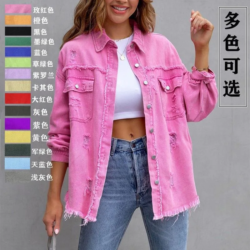 2026 Denim Jacket Women Spring Autumn Shirt Style Jeancoat Casual Top Rose-Red Orange Purple Outerwear Lady Coat