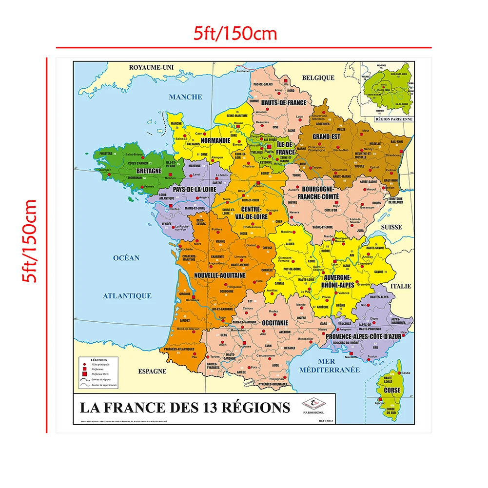 Imagem -03 - França Mapa em Francês Vinyl Wall Poster Pintura Non-woven Canvas Classroom Home Decoração Escola e Material de Escritório 150x150cm a