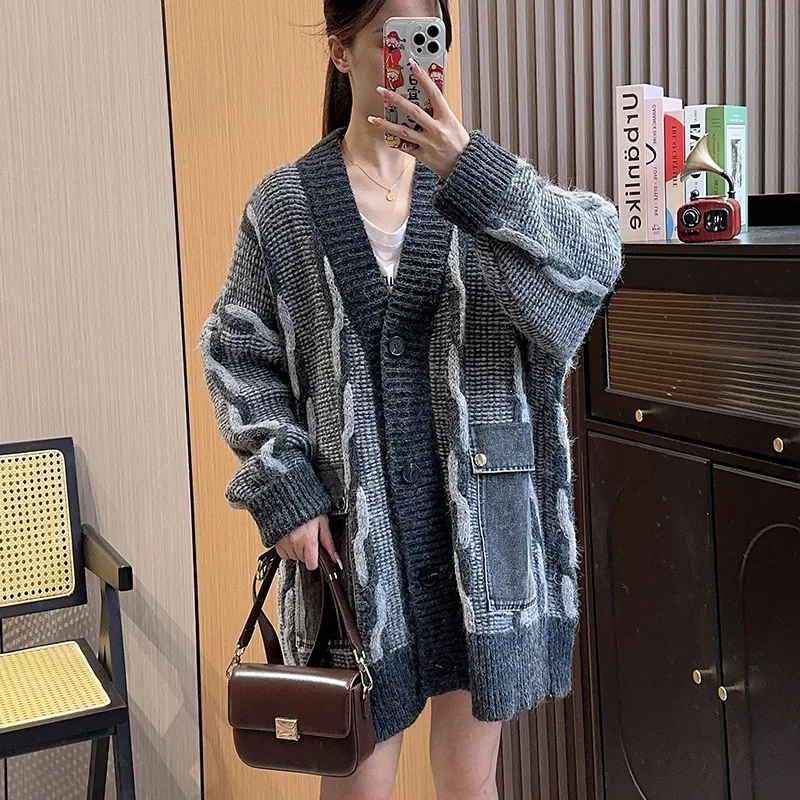 

Women Knitted Cardigan Sweaters Patchwork Jumpers V Neck Single Breasted Long Sleeves Pocket Loose Fit Casual 2025 Autumn Winter