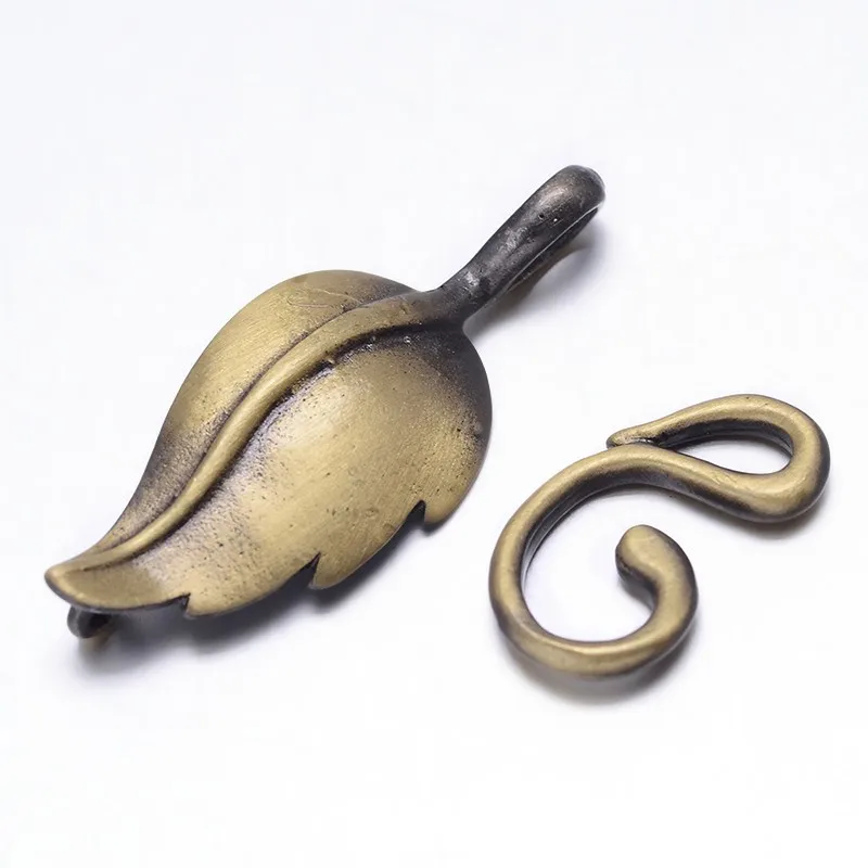 5Set Brass Leaf Hook Clasps For Leather Cord Bracelets Making Brushed Bronze Leaf:33x13x3mm Hook: 17x10x2mm Hole:1mm and 3x3mm
