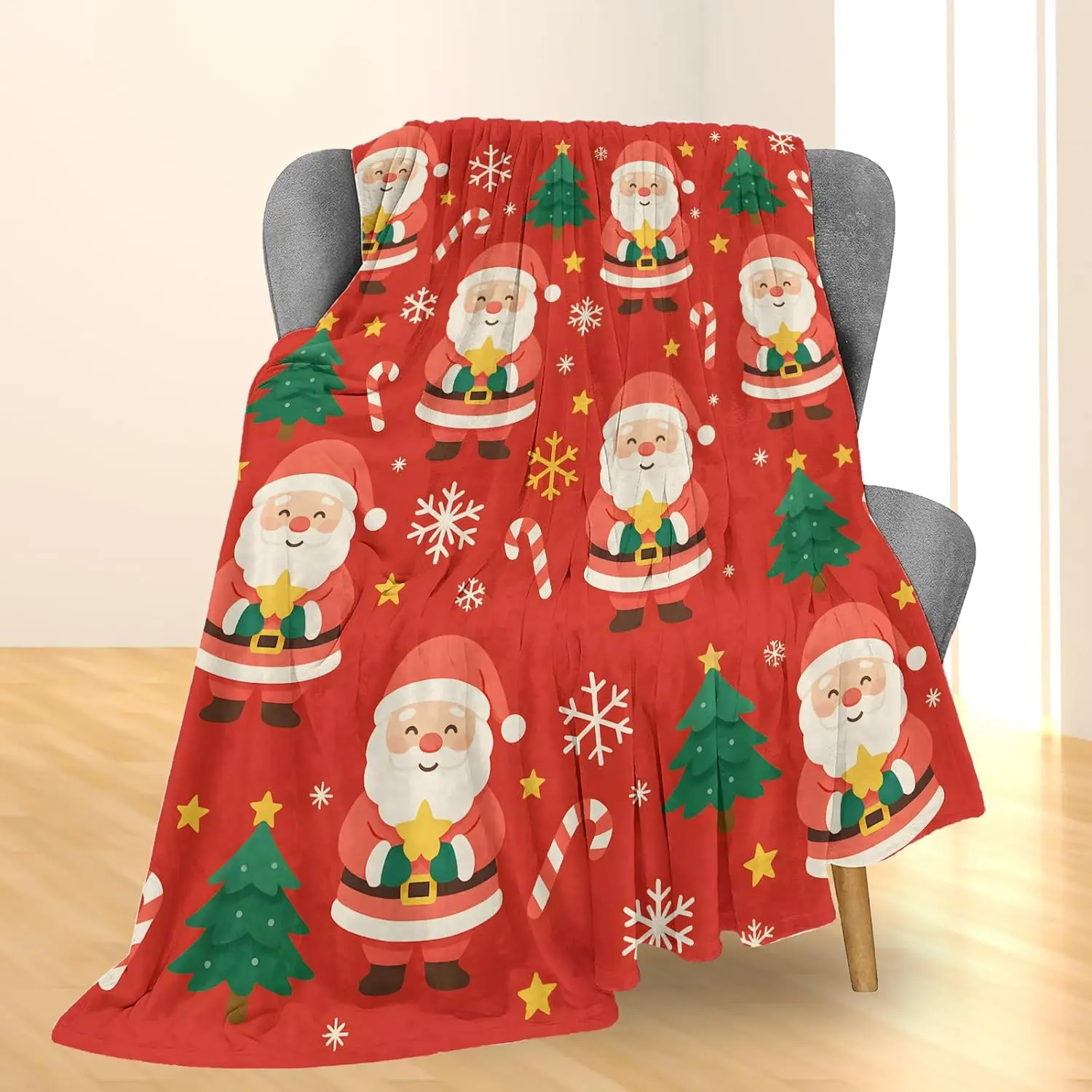 Weihnachts-Weihnachtsmann-Flanell-Überwurfdecke – weich, leicht und niedlich mit Weihnachtsmann-, Baum- und Zuckerstangen-Designs für Couch, Bett oder Reisen