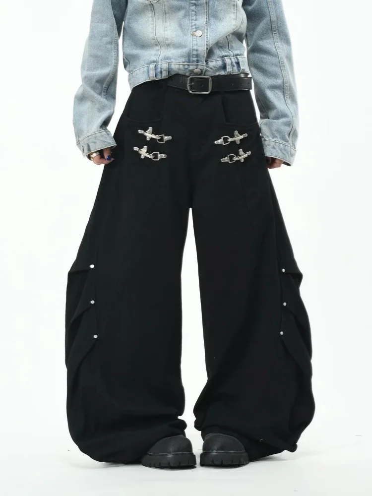 2026 Trend Y2K Style Airplane Buckle Design Brown Baggy Pleated Women's Jeans Pants For Woman Clothing Wide Leg Long Trousers