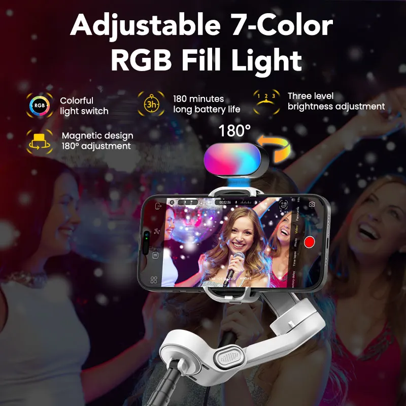 Aochuan Smart X2 Kit Estabilizador de cardan portátil branco de 3 eixos com poste de extensão integrado e LED para iPhone e telefone Android