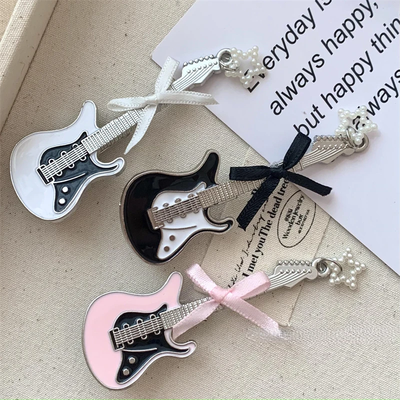 Kpop Fashion Guitar Star Bow Knot Hair Clip Vintage Sweet Cool Charm Y2k Aesthetics Harajuku Trendy Hair Accessories for Women