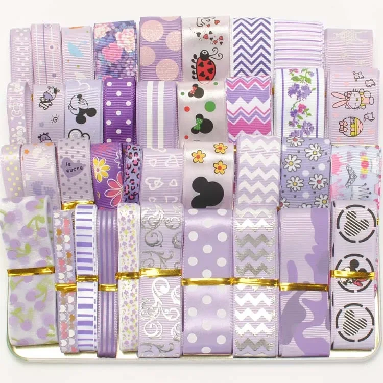 Spring Colorful 12yards Random Set Mixed By Color Green Purple Pink Blue Series Printed Grosgrain/Satin Ribbon,each Is 1 Yard