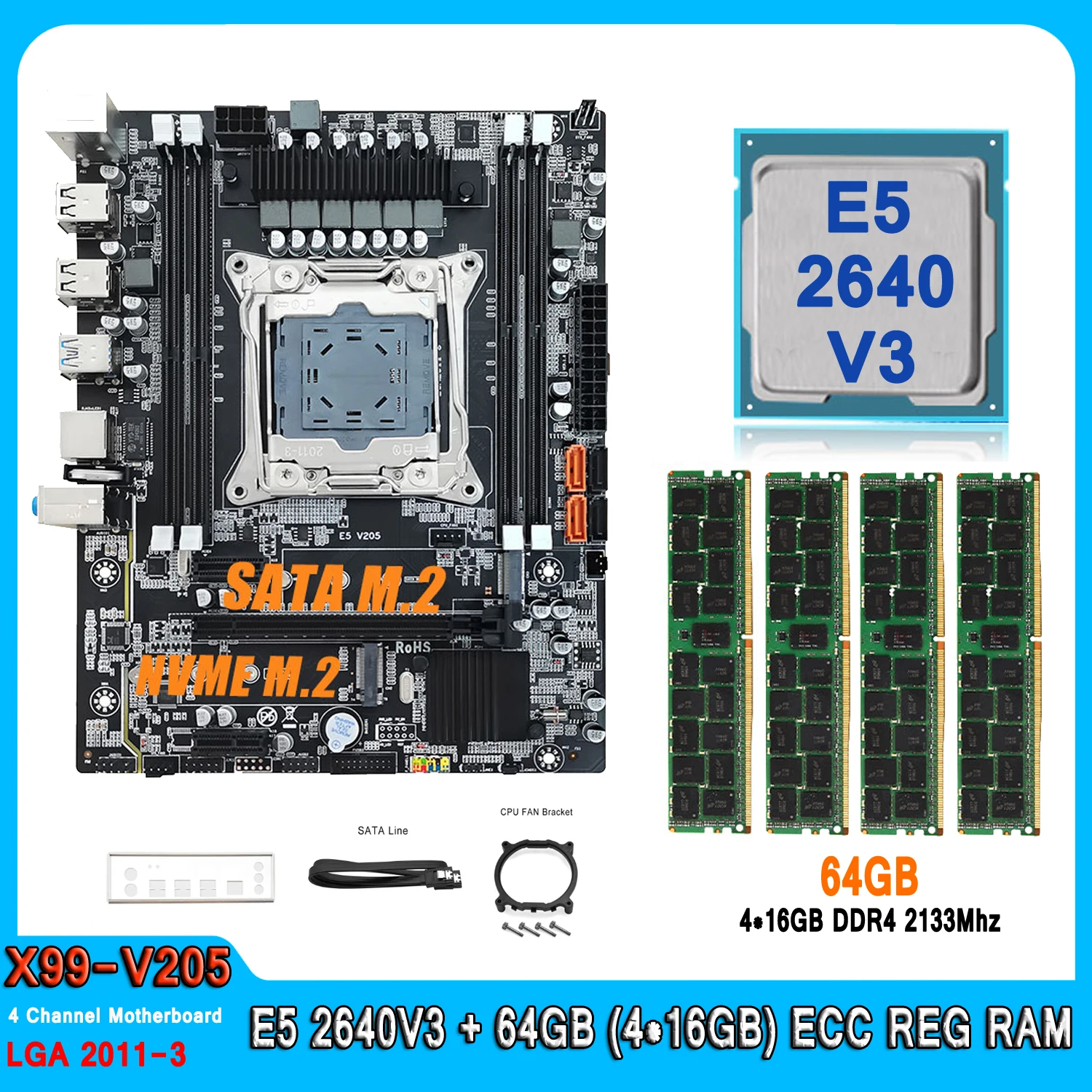 X99 Motherboard Kit Gamer Intel Xeon E5 2640 V3 64GB(4*16GB) DDR4 E5 2640V3 Motherboard CPU Combo LGA 2011-3 Memory for PC Gamer