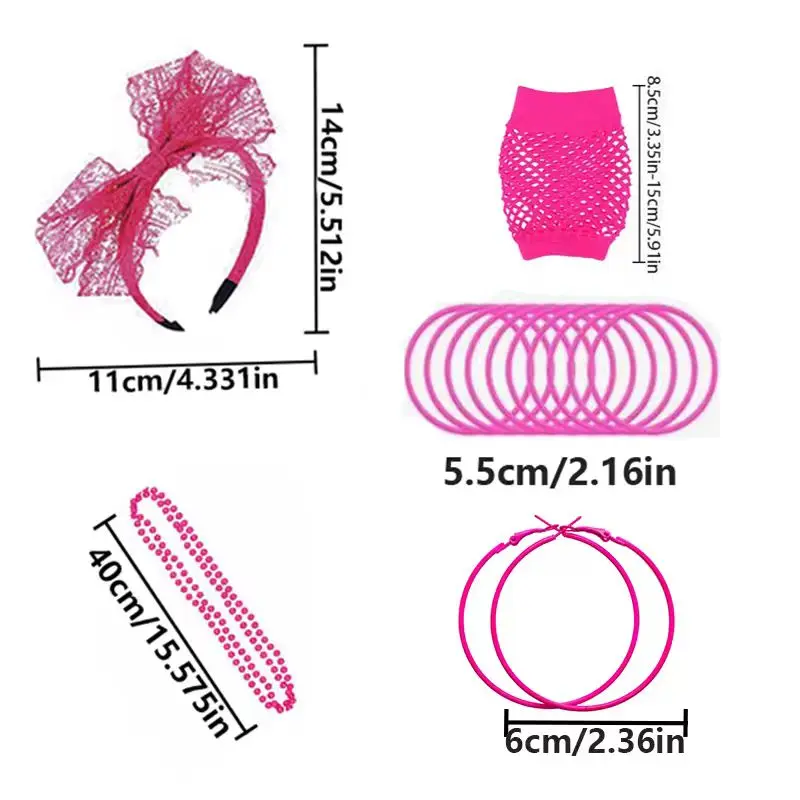 PESENAR อุปกรณ์เสริมเครื่องแต่งกายยุค 80 สำหรับผู้หญิง ที่คาดผมลูกไม้ ต่างหู ถุงมือตาข่าย สร้อยคอ กำไลข้อมือ สำหรับงานปาร์ตี้ย้อนยุคยุค 80