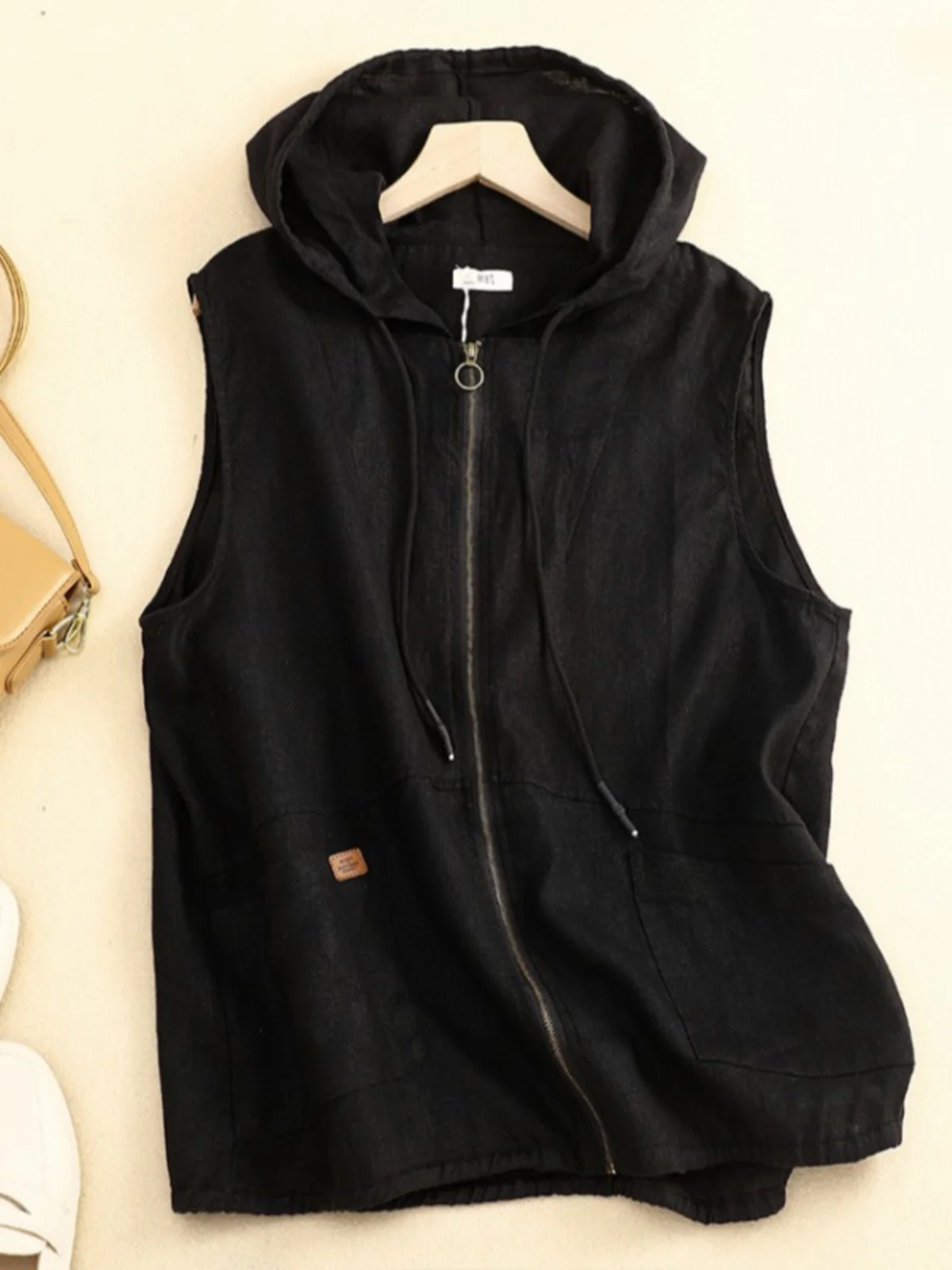 

Cotton Linen Hooded Vest Women's Large Size Casual Versatile Svel ort Jaet Double ket Spring Autumn Sle