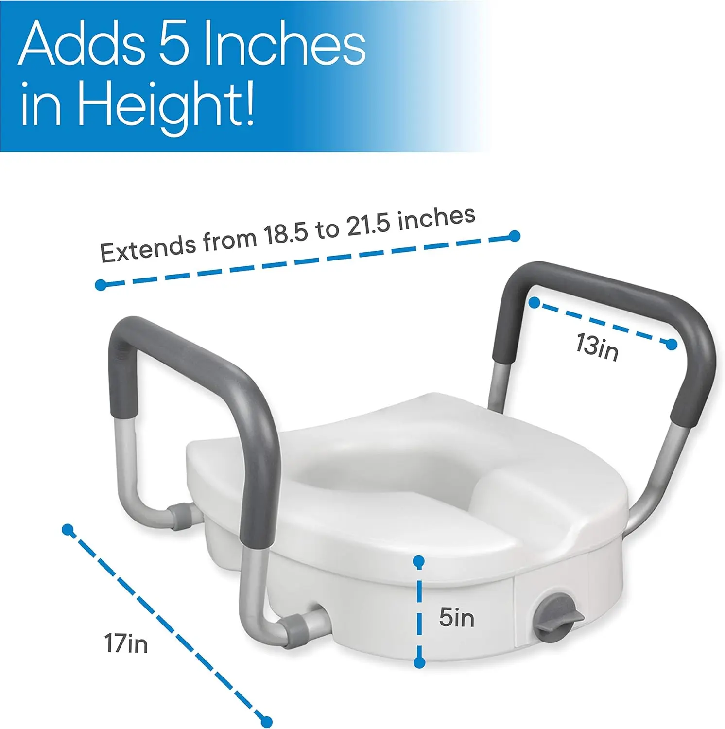 Raised Toilet Seat - 5 Inch Elevated Riser with Adjustable Padded Arms - Toilet Safety Seat for Elongated or Standard Commode