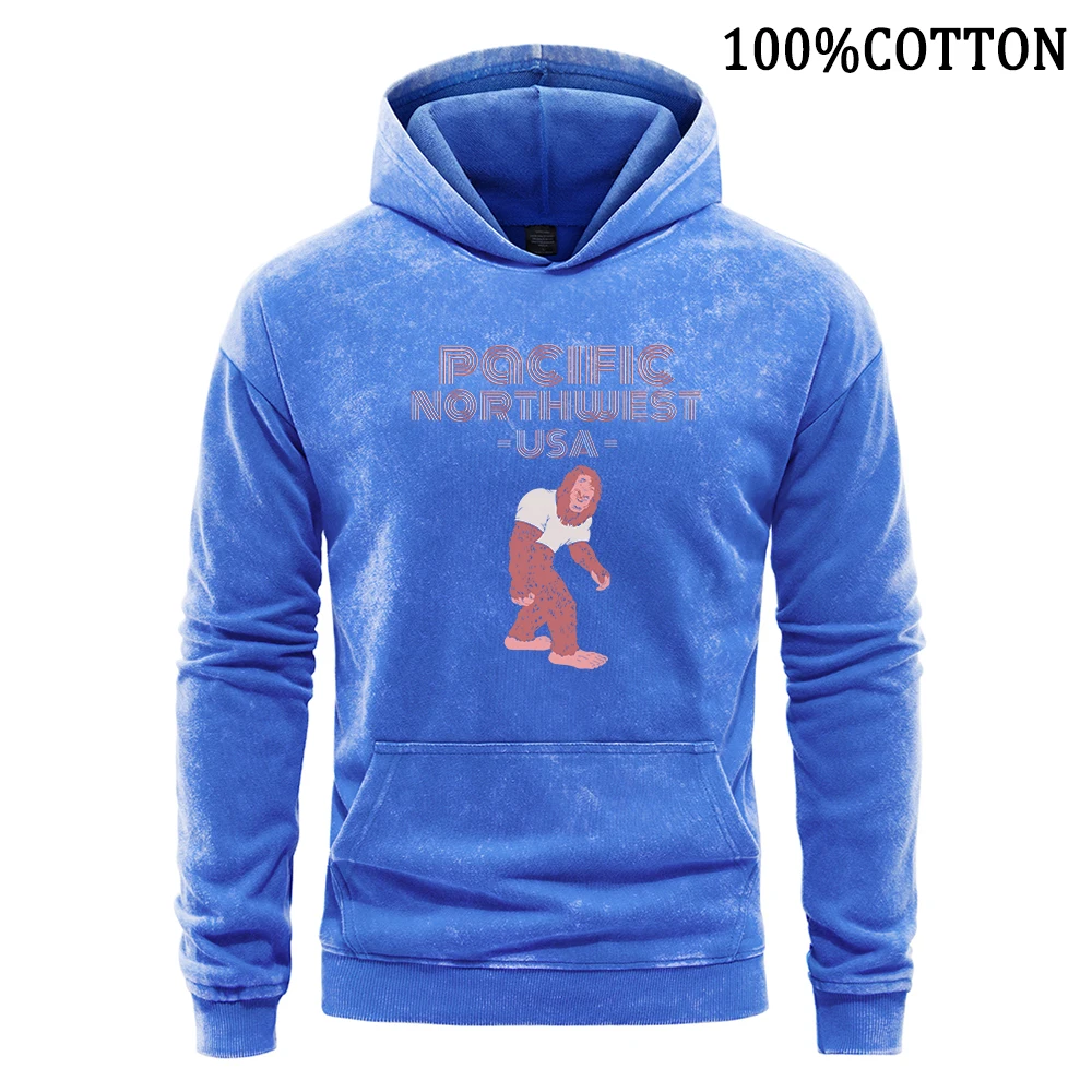 Pacific Northwest Usa Letter Gorilla Print Man Hoodie Vintage Washed Cotton Hoodies Simple Loose Flexible Warm Fleece Hoody Tops