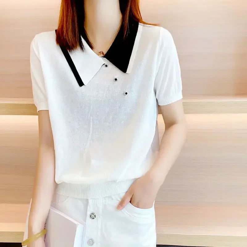 Black Clothing Polo Neck Shirts For Women T-shirt Woman Button Tops Short Sleeve Tee White Offer Trend Popular Youth Aesthetic V