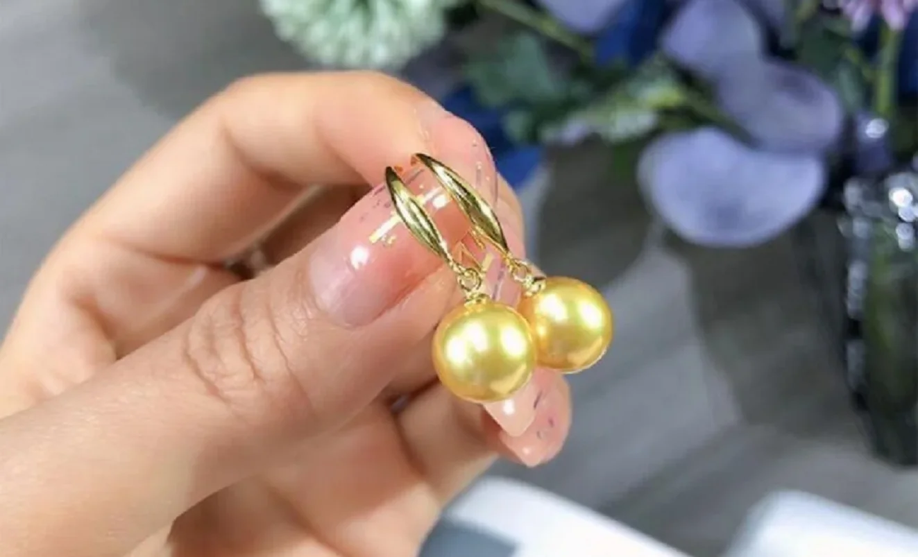 Nanhai natural gold round pearl earrings, big earrings, AAA, 8-9mm, 9-10mm, 10-11mm, 11-12mm, 14k.+