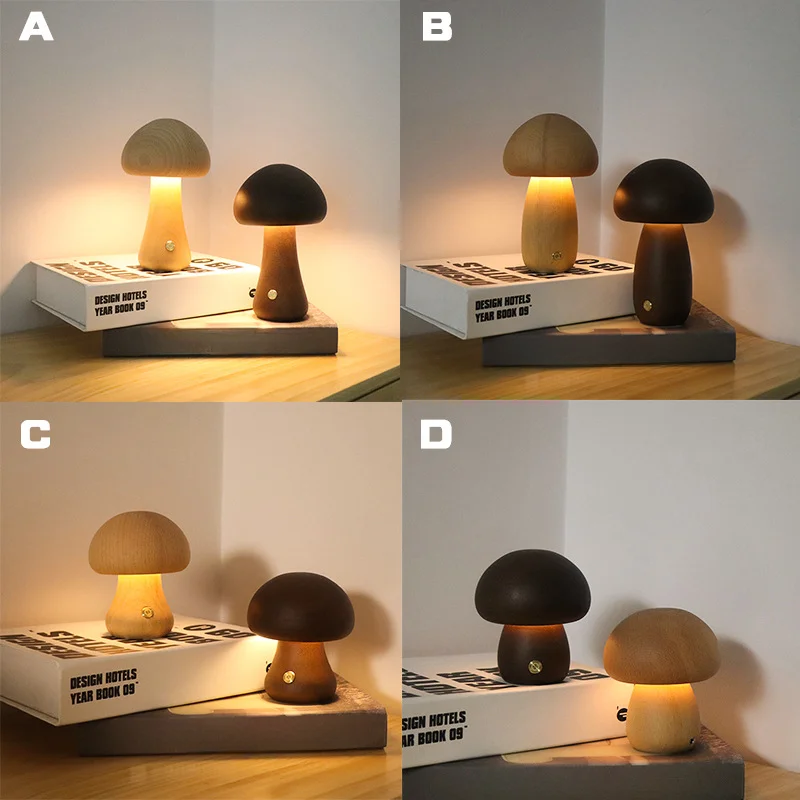 LED fungo luce notturna USB ricaricabile Touch lampada da comodino in legno decorazione ambientale lampada camera dei bambini libro regali