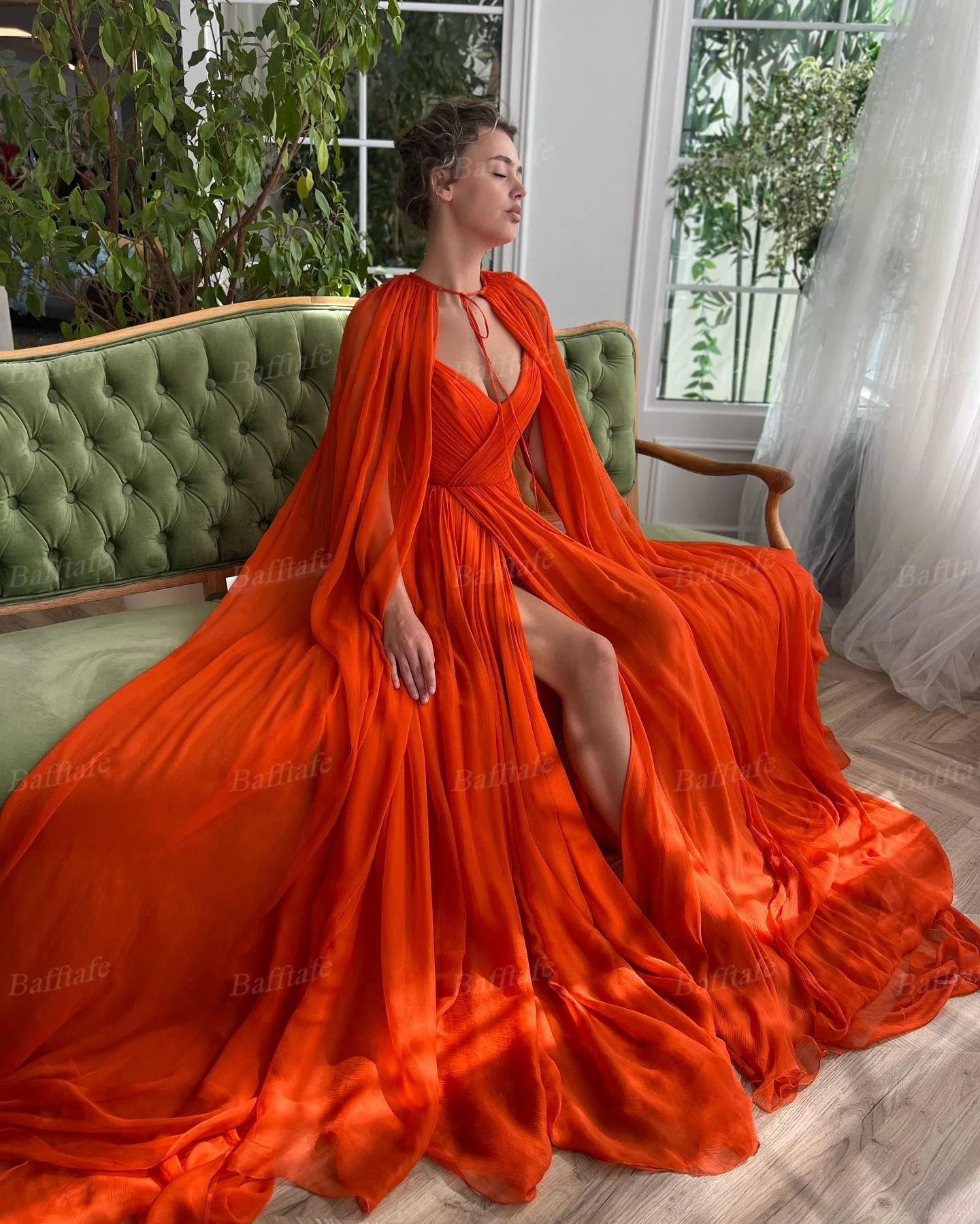 Bafftafe Orange Thin Chiffon Long Prom Dresses Long Sleeves Wraps V-Neck Slit Formal Evening Party Gowns Women Wear Customized